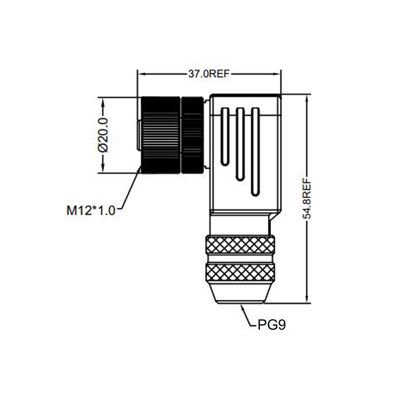 M12 3pins A code female right angle metal assembly connector PG9 thread,shielded,brass with nickel plated housing,suitable cable diameter 6.0mm-8.0mm